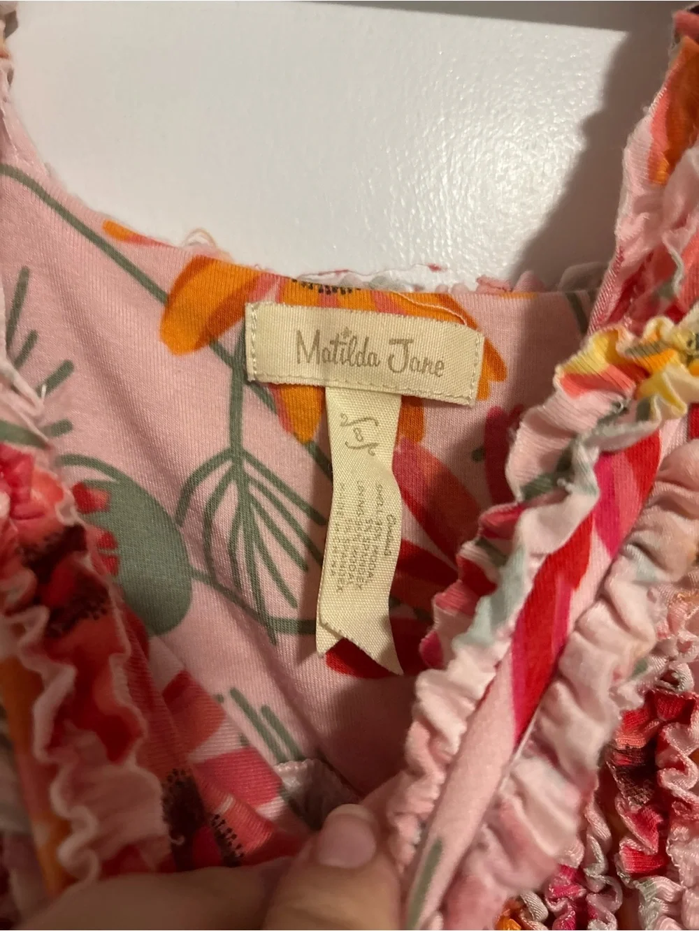 Matilda Jane size 8 floral pink orange Floral Sundress Ruffle Details bamboo